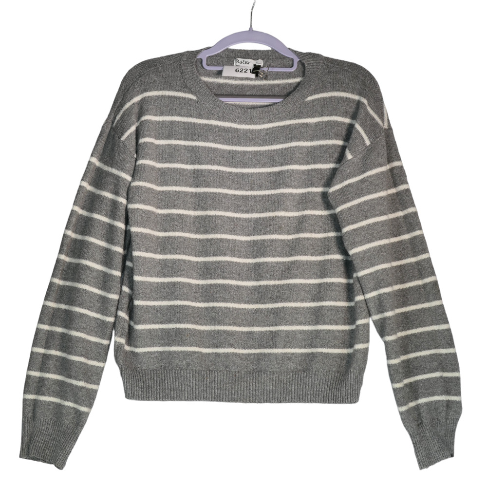 Aster Sweater Womens Large Gray White Striped Soft Nautical Boho Classic